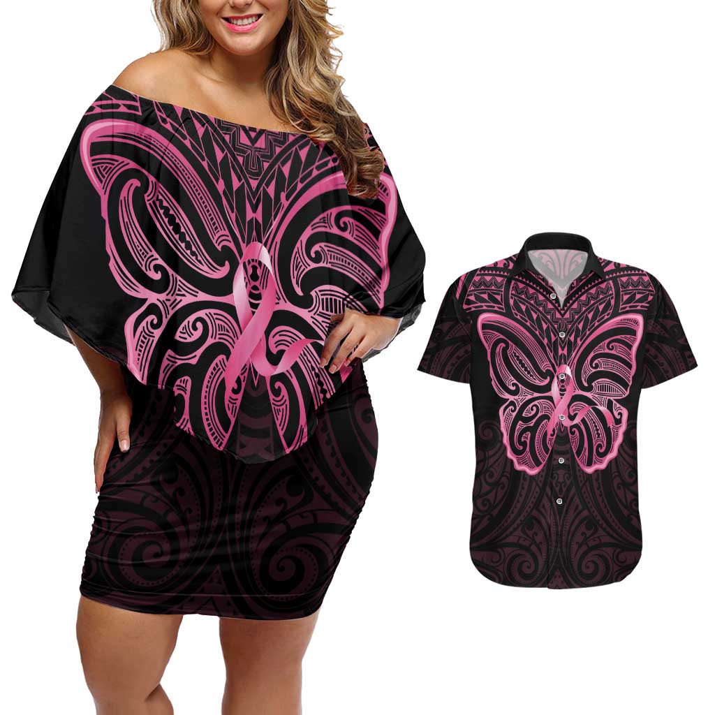 New Zealand Breast Cancer Awareness Couples Matching Off Shoulder Short Dress and Hawaiian Shirt Maori Butterfly Pink Ribbon Black Version - Aussie Hoodie