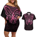 New Zealand Breast Cancer Awareness Couples Matching Off Shoulder Short Dress and Hawaiian Shirt Maori Butterfly Pink Ribbon Black Version - Aussie Hoodie
