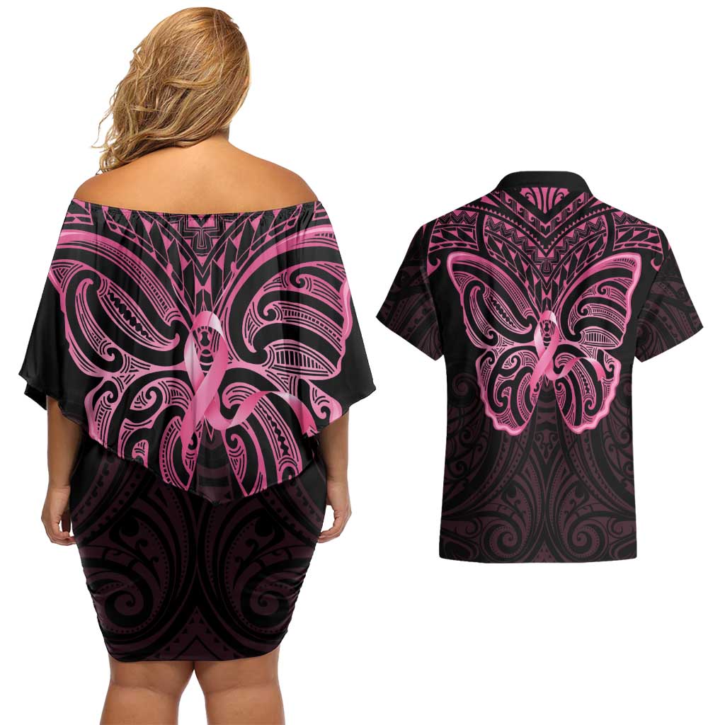 New Zealand Breast Cancer Awareness Couples Matching Off Shoulder Short Dress and Hawaiian Shirt Maori Butterfly Pink Ribbon Black Version - Aussie Hoodie