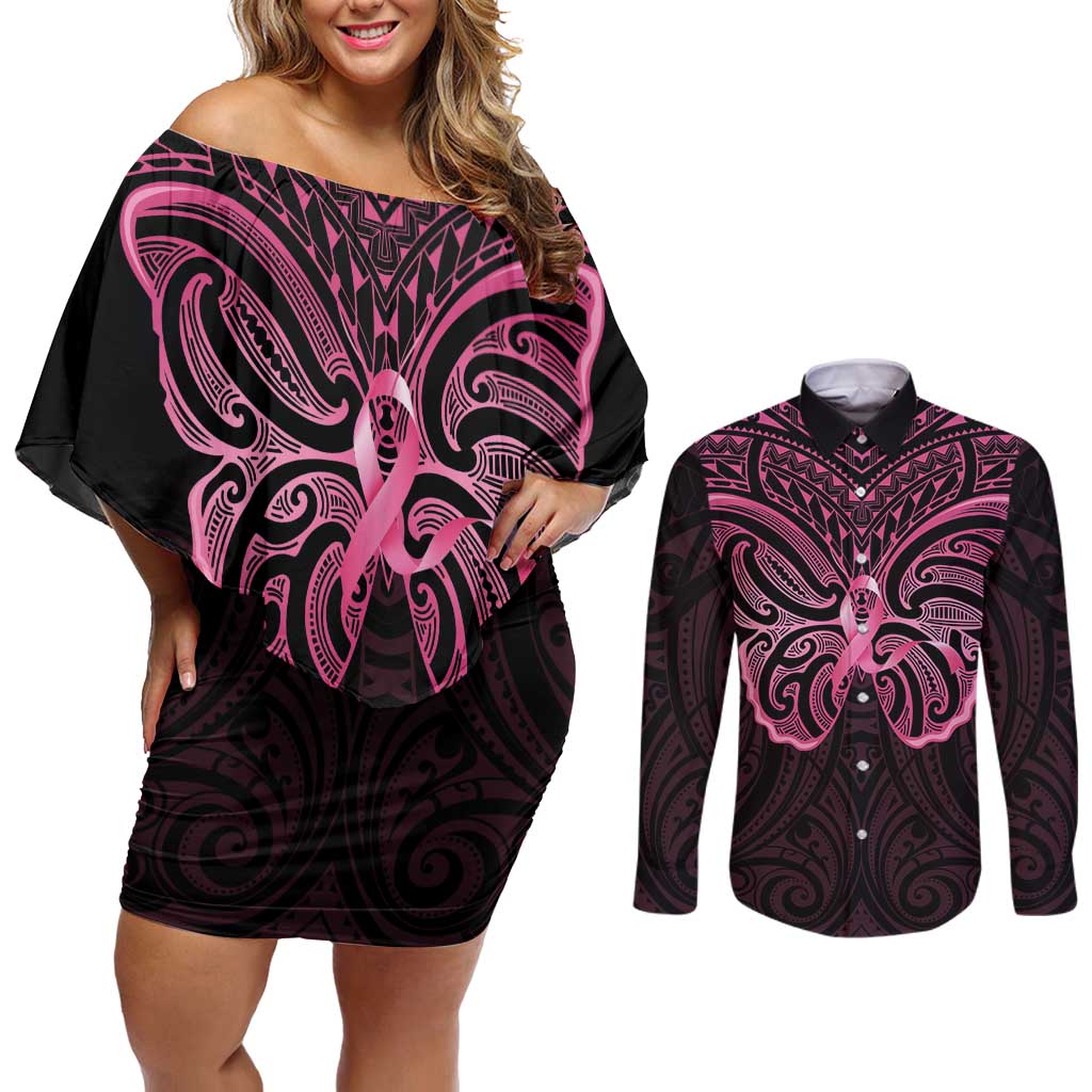 New Zealand Breast Cancer Awareness Couples Matching Off Shoulder Short Dress and Long Sleeve Button Shirt Maori Butterfly Pink Ribbon Black Version - Aussie Hoodie