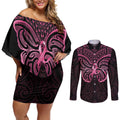 New Zealand Breast Cancer Awareness Couples Matching Off Shoulder Short Dress and Long Sleeve Button Shirt Maori Butterfly Pink Ribbon Black Version - Aussie Hoodie