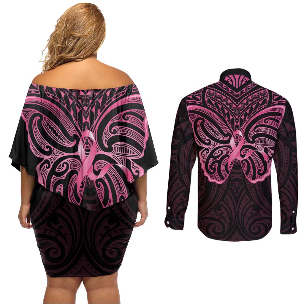 New Zealand Breast Cancer Awareness Couples Matching Off Shoulder Short Dress and Long Sleeve Button Shirt Maori Butterfly Pink Ribbon Black Version - Aussie Hoodie