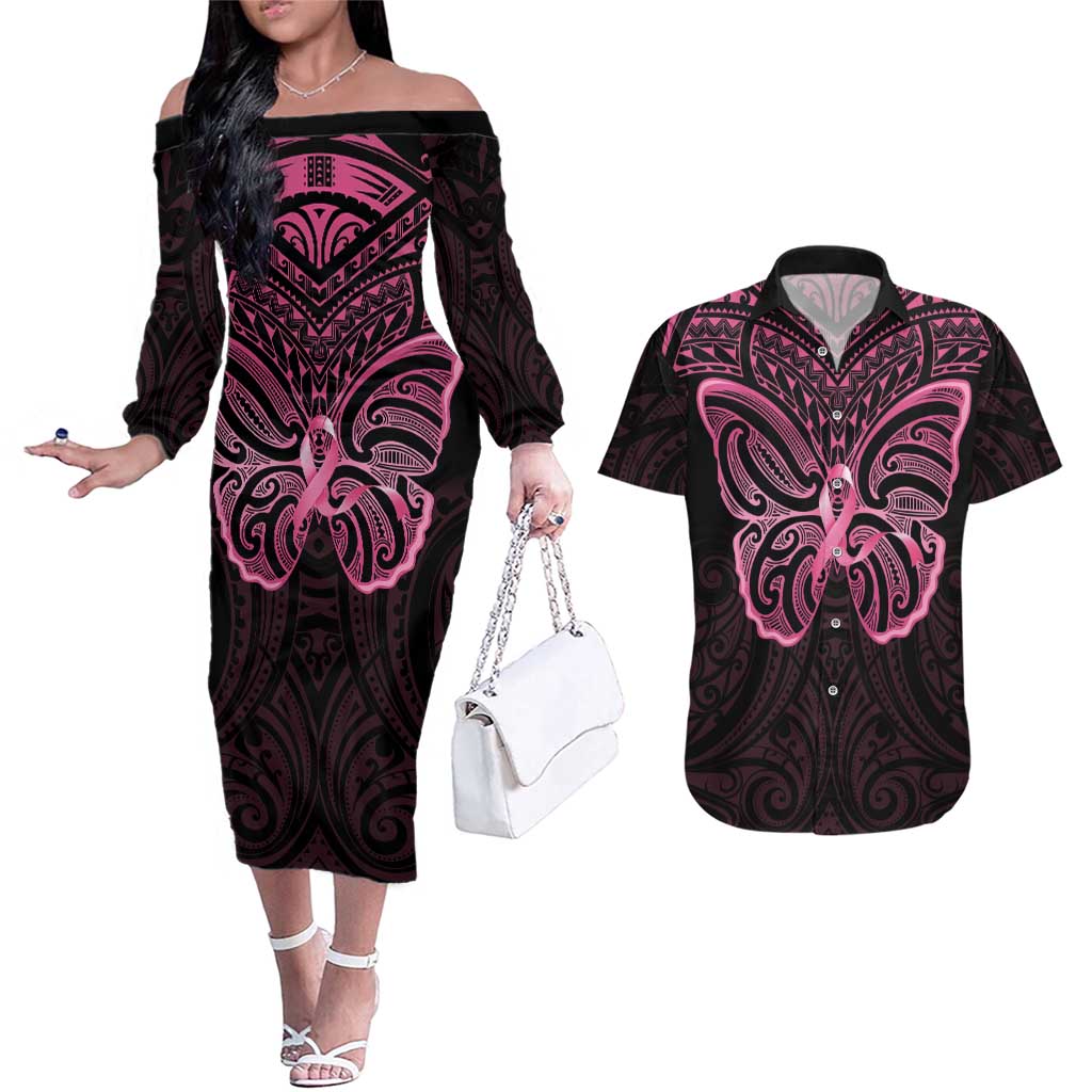 New Zealand Breast Cancer Awareness Couples Matching Off The Shoulder Long Sleeve Dress and Hawaiian Shirt Maori Butterfly Pink Ribbon Black Version - Aussie Hoodie