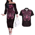 New Zealand Breast Cancer Awareness Couples Matching Off The Shoulder Long Sleeve Dress and Hawaiian Shirt Maori Butterfly Pink Ribbon Black Version - Aussie Hoodie