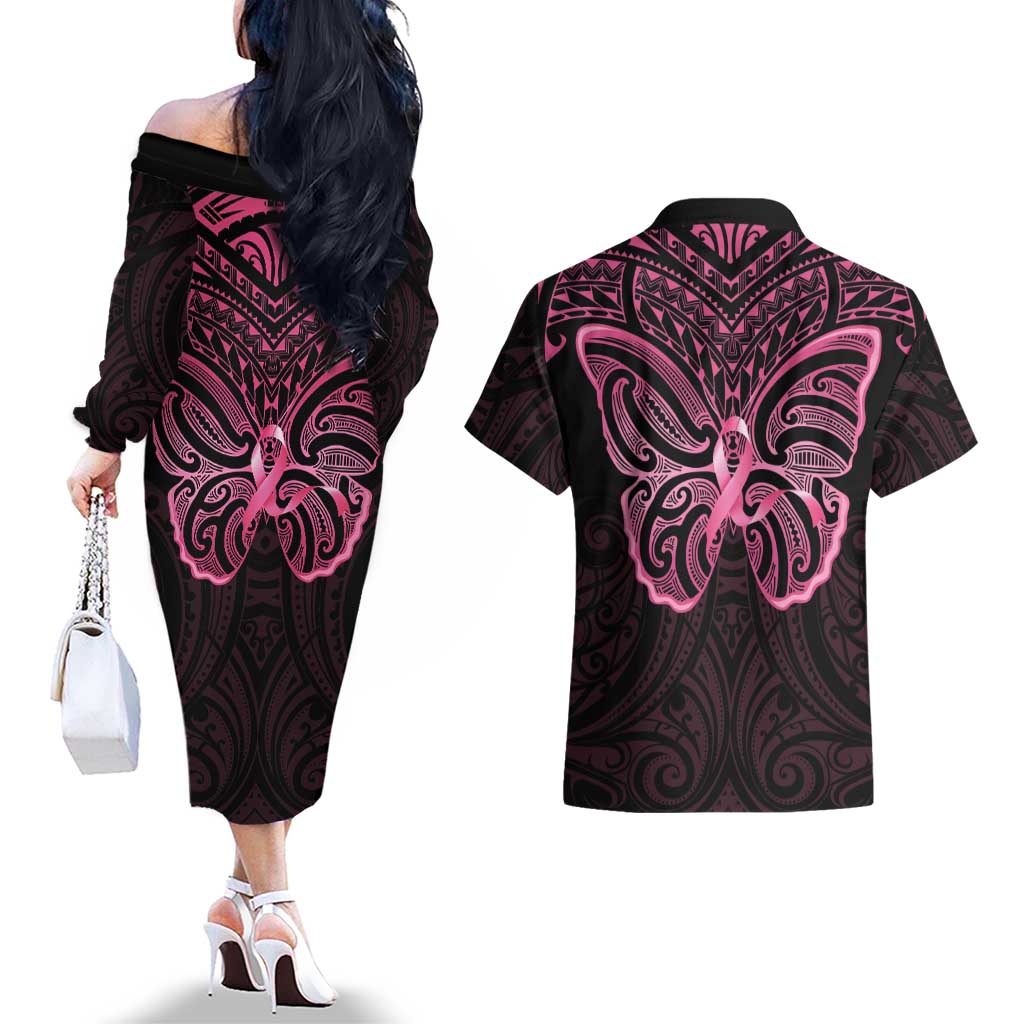 New Zealand Breast Cancer Awareness Couples Matching Off The Shoulder Long Sleeve Dress and Hawaiian Shirt Maori Butterfly Pink Ribbon Black Version - Aussie Hoodie