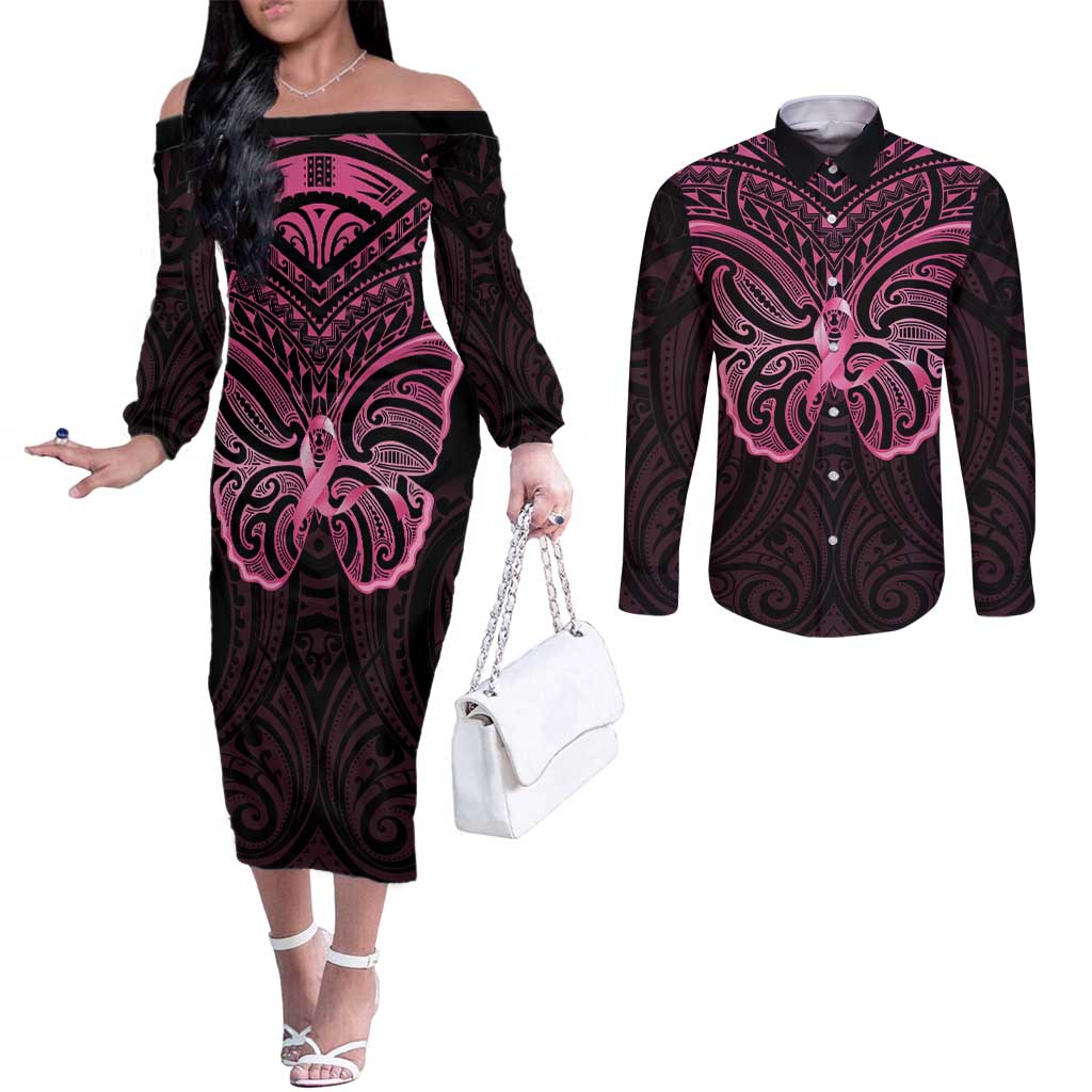 New Zealand Breast Cancer Awareness Couples Matching Off The Shoulder Long Sleeve Dress and Long Sleeve Button Shirt Maori Butterfly Pink Ribbon Black Version - Aussie Hoodie