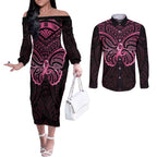 New Zealand Breast Cancer Awareness Couples Matching Off The Shoulder Long Sleeve Dress and Long Sleeve Button Shirt Maori Butterfly Pink Ribbon Black Version - Aussie Hoodie