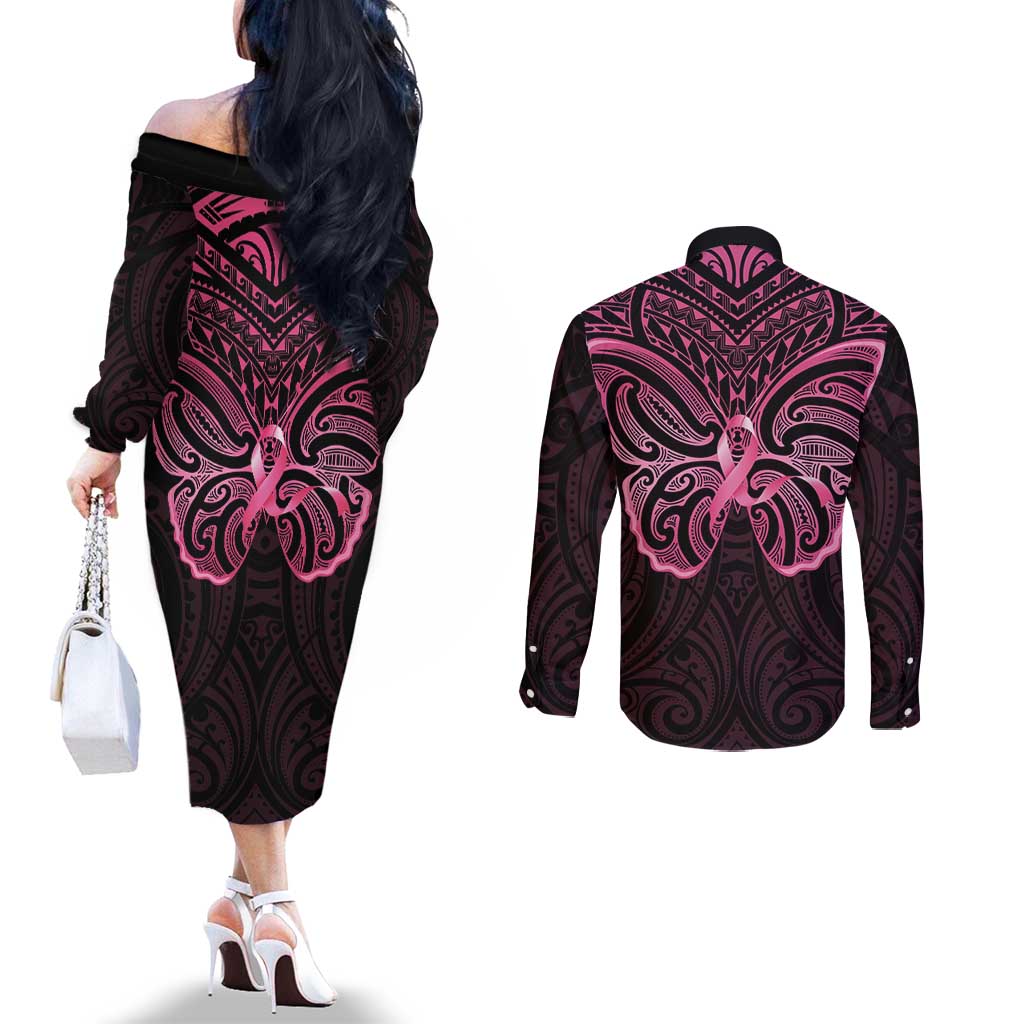 New Zealand Breast Cancer Awareness Couples Matching Off The Shoulder Long Sleeve Dress and Long Sleeve Button Shirt Maori Butterfly Pink Ribbon Black Version - Aussie Hoodie