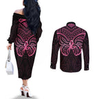 New Zealand Breast Cancer Awareness Couples Matching Off The Shoulder Long Sleeve Dress and Long Sleeve Button Shirt Maori Butterfly Pink Ribbon Black Version - Aussie Hoodie
