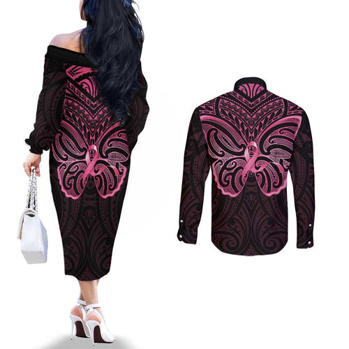 New Zealand Breast Cancer Awareness Couples Matching Off The Shoulder Long Sleeve Dress and Long Sleeve Button Shirt Maori Butterfly Pink Ribbon Black Version - Aussie Hoodie