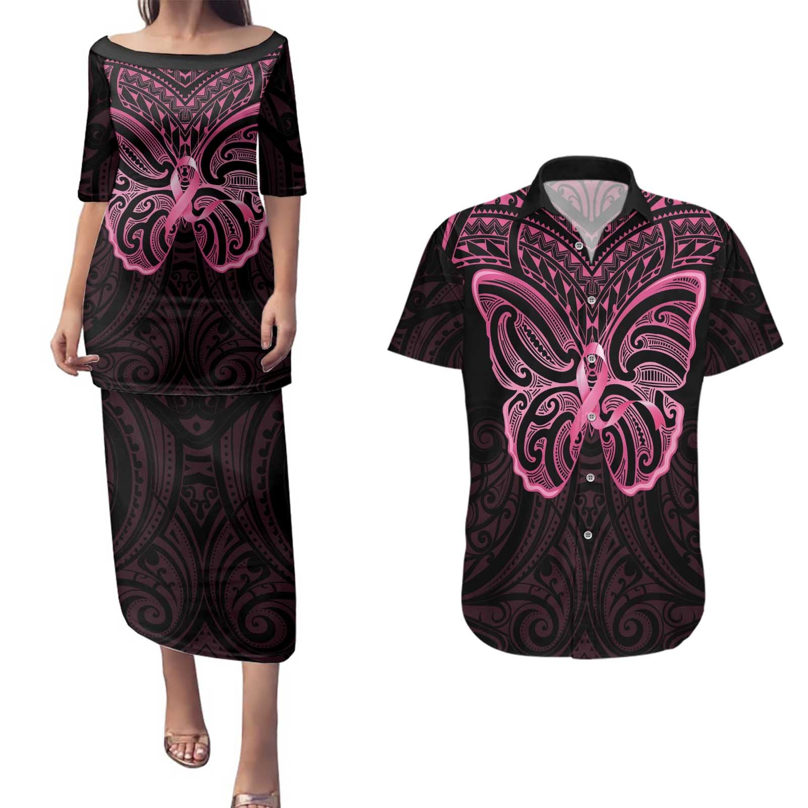 New Zealand Breast Cancer Awareness Couples Matching Puletasi and Hawaiian Shirt Maori Butterfly Pink Ribbon Black Version - Aussie Hoodie