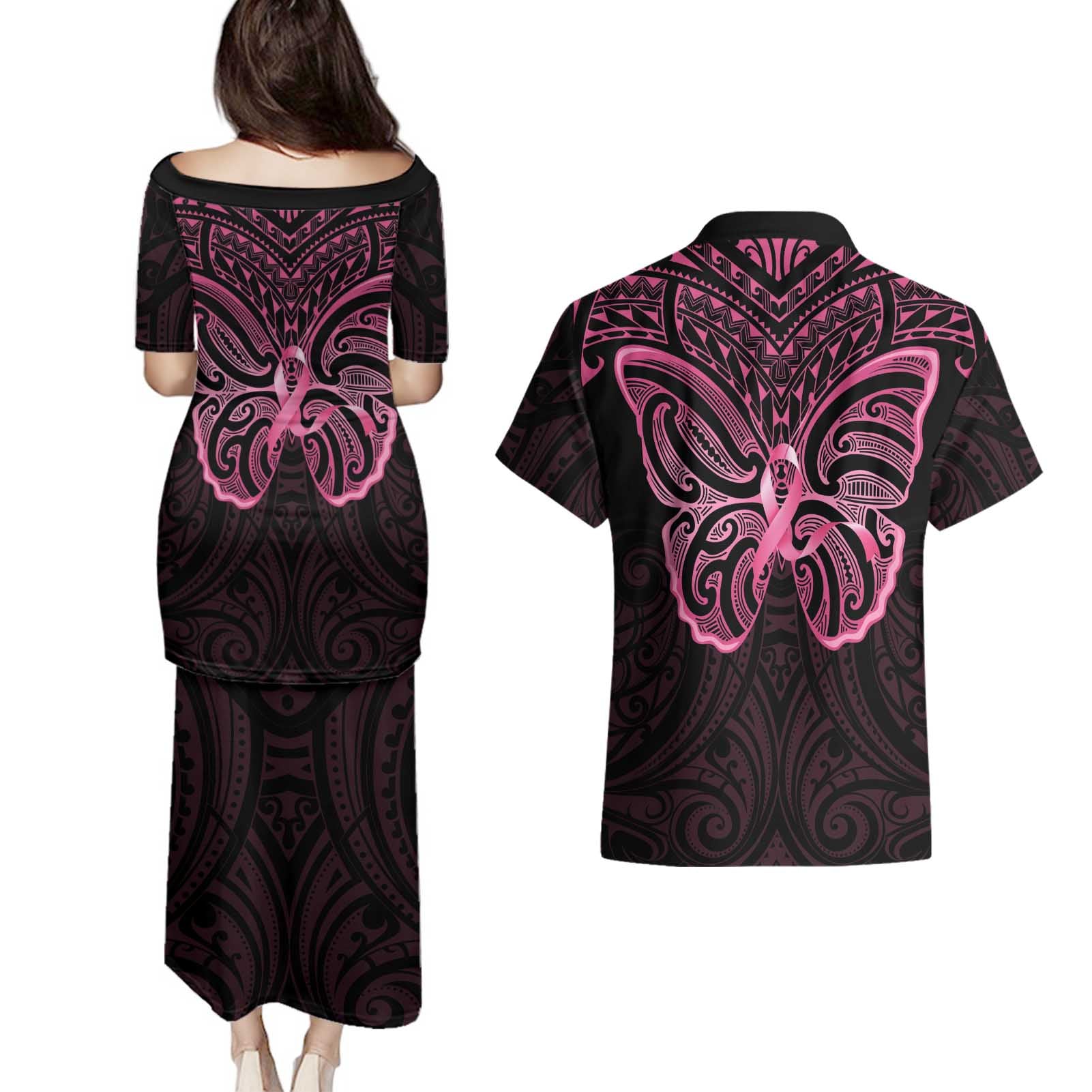 New Zealand Breast Cancer Awareness Couples Matching Puletasi and Hawaiian Shirt Maori Butterfly Pink Ribbon Black Version - Aussie Hoodie