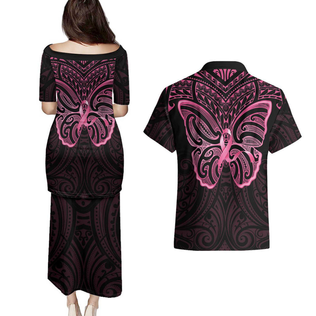 New Zealand Breast Cancer Awareness Couples Matching Puletasi and Hawaiian Shirt Maori Butterfly Pink Ribbon Black Version - Aussie Hoodie