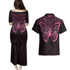 New Zealand Breast Cancer Awareness Couples Matching Puletasi and Hawaiian Shirt Maori Butterfly Pink Ribbon Black Version - Aussie Hoodie