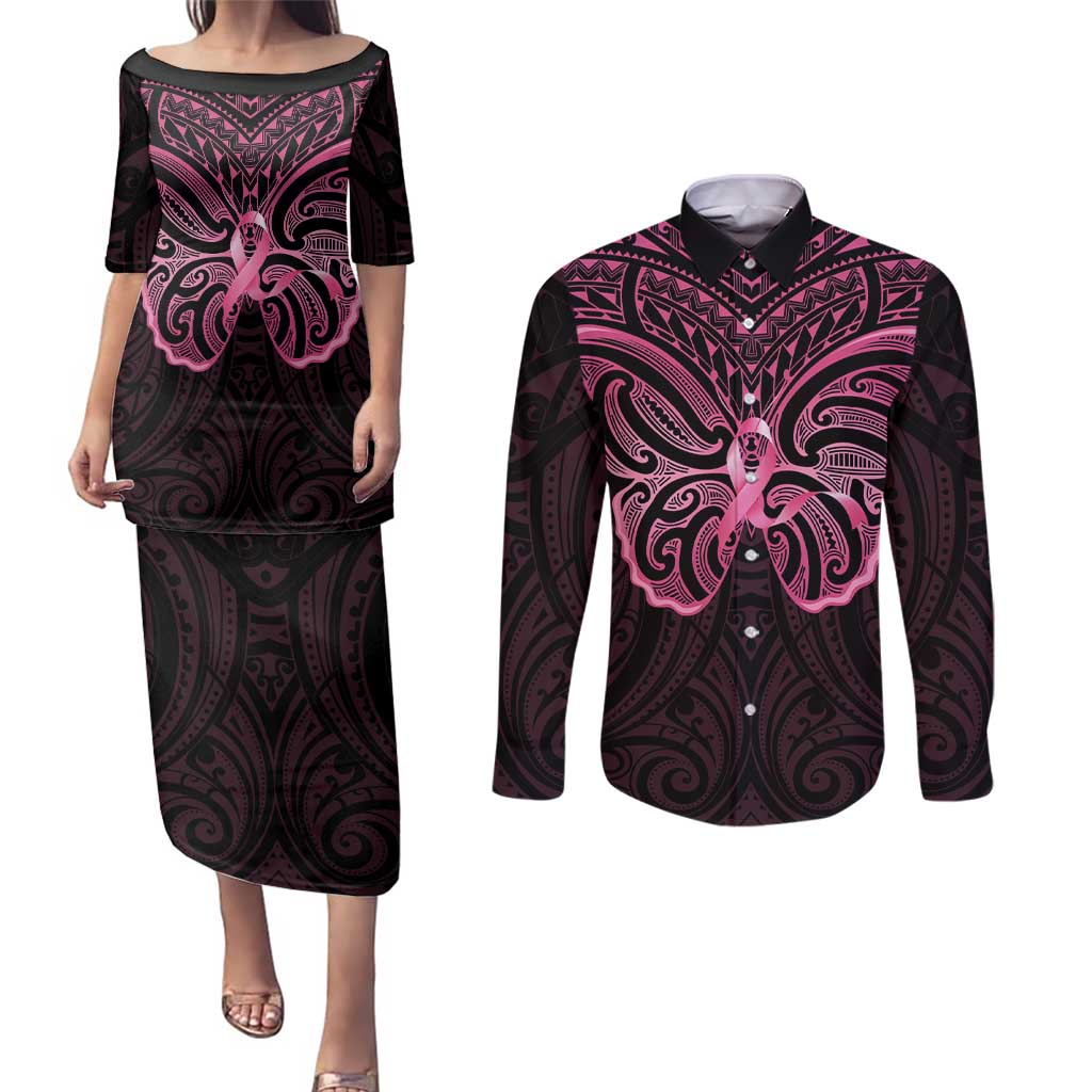 New Zealand Breast Cancer Awareness Couples Matching Puletasi and Long Sleeve Button Shirt Maori Butterfly Pink Ribbon Black Version - Aussie Hoodie