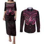 New Zealand Breast Cancer Awareness Couples Matching Puletasi and Long Sleeve Button Shirt Maori Butterfly Pink Ribbon Black Version - Aussie Hoodie
