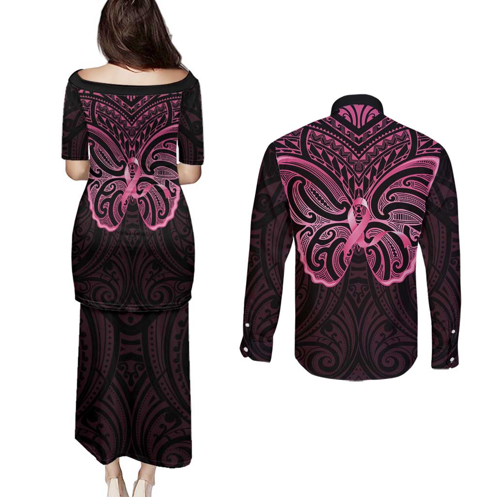 New Zealand Breast Cancer Awareness Couples Matching Puletasi and Long Sleeve Button Shirt Maori Butterfly Pink Ribbon Black Version - Aussie Hoodie