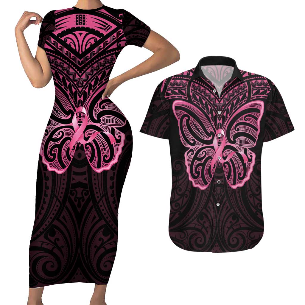 New Zealand Breast Cancer Awareness Couples Matching Short Sleeve Bodycon Dress and Hawaiian Shirt Maori Butterfly Pink Ribbon Black Version - Aussie Hoodie