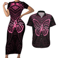 New Zealand Breast Cancer Awareness Couples Matching Short Sleeve Bodycon Dress and Hawaiian Shirt Maori Butterfly Pink Ribbon Black Version - Aussie Hoodie