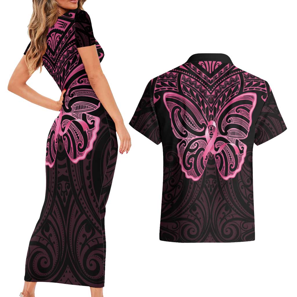 New Zealand Breast Cancer Awareness Couples Matching Short Sleeve Bodycon Dress and Hawaiian Shirt Maori Butterfly Pink Ribbon Black Version - Aussie Hoodie