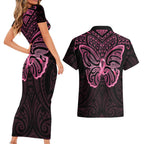 New Zealand Breast Cancer Awareness Couples Matching Short Sleeve Bodycon Dress and Hawaiian Shirt Maori Butterfly Pink Ribbon Black Version - Aussie Hoodie