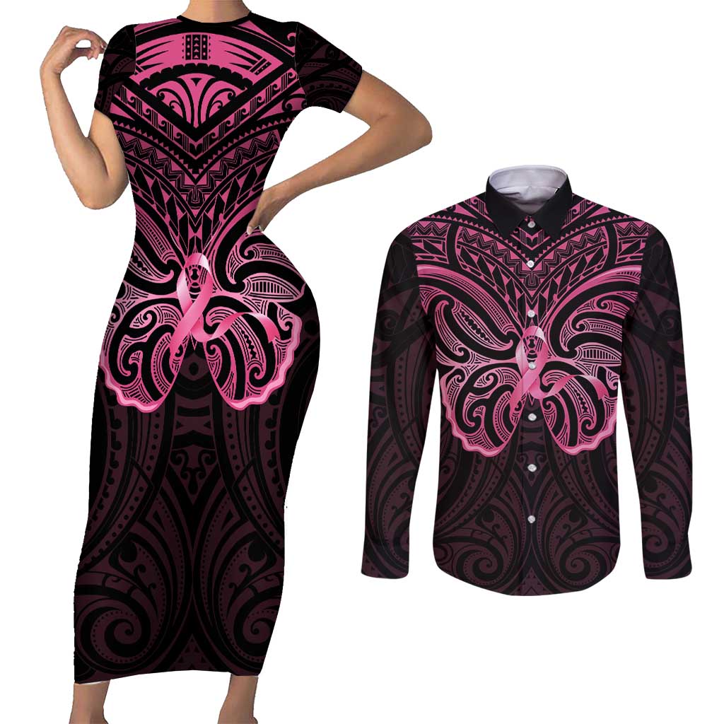 New Zealand Breast Cancer Awareness Couples Matching Short Sleeve Bodycon Dress and Long Sleeve Button Shirt Maori Butterfly Pink Ribbon Black Version - Aussie Hoodie