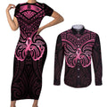 New Zealand Breast Cancer Awareness Couples Matching Short Sleeve Bodycon Dress and Long Sleeve Button Shirt Maori Butterfly Pink Ribbon Black Version - Aussie Hoodie