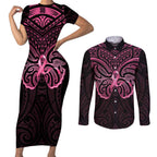 New Zealand Breast Cancer Awareness Couples Matching Short Sleeve Bodycon Dress and Long Sleeve Button Shirt Maori Butterfly Pink Ribbon Black Version - Aussie Hoodie