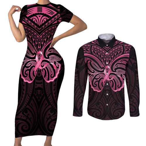New Zealand Breast Cancer Awareness Couples Matching Short Sleeve Bodycon Dress and Long Sleeve Button Shirt Maori Butterfly Pink Ribbon Black Version - Aussie Hoodie