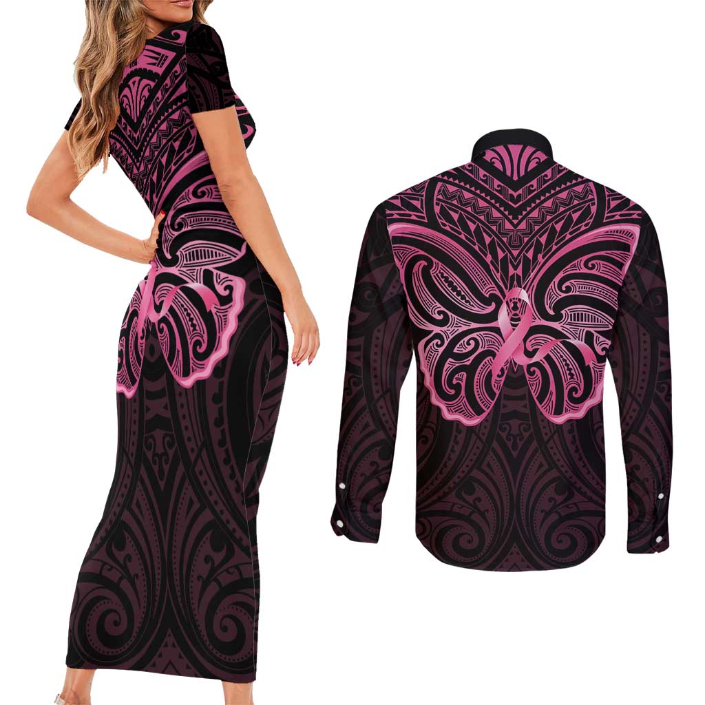New Zealand Breast Cancer Awareness Couples Matching Short Sleeve Bodycon Dress and Long Sleeve Button Shirt Maori Butterfly Pink Ribbon Black Version - Aussie Hoodie