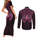 New Zealand Breast Cancer Awareness Couples Matching Short Sleeve Bodycon Dress and Long Sleeve Button Shirt Maori Butterfly Pink Ribbon Black Version - Aussie Hoodie