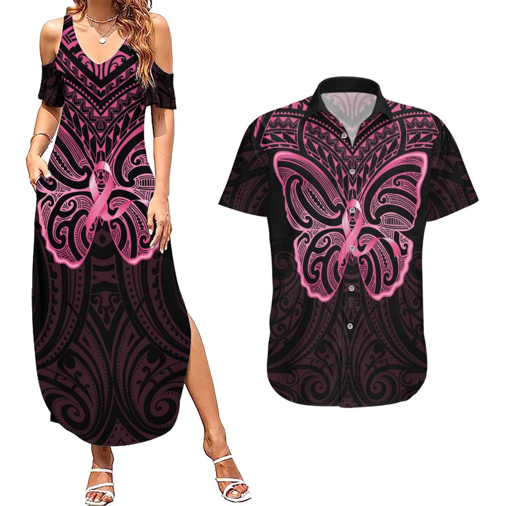 New Zealand Breast Cancer Awareness Couples Matching Summer Maxi Dress and Hawaiian Shirt Maori Butterfly Pink Ribbon Black Version - Aussie Hoodie