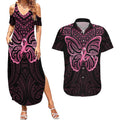 New Zealand Breast Cancer Awareness Couples Matching Summer Maxi Dress and Hawaiian Shirt Maori Butterfly Pink Ribbon Black Version - Aussie Hoodie