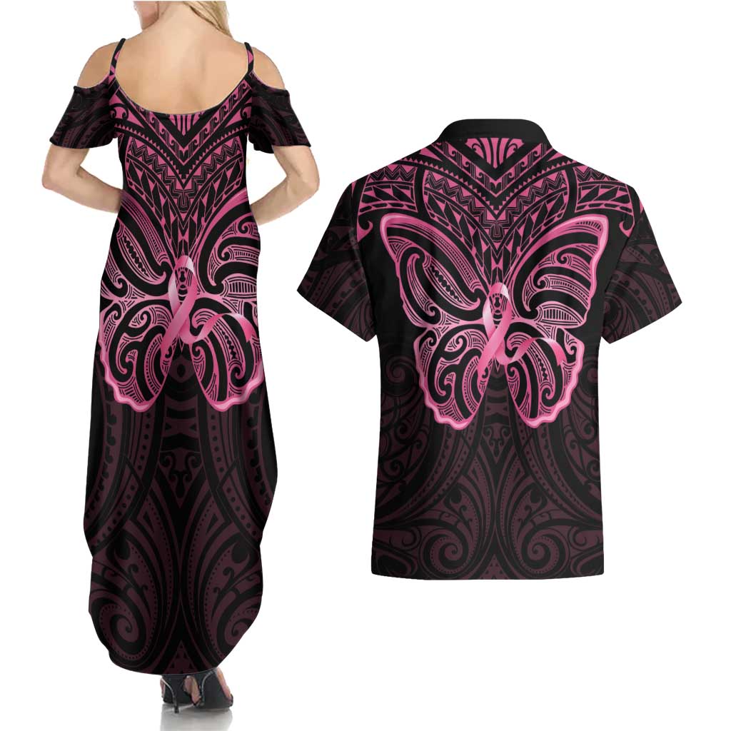 New Zealand Breast Cancer Awareness Couples Matching Summer Maxi Dress and Hawaiian Shirt Maori Butterfly Pink Ribbon Black Version - Aussie Hoodie