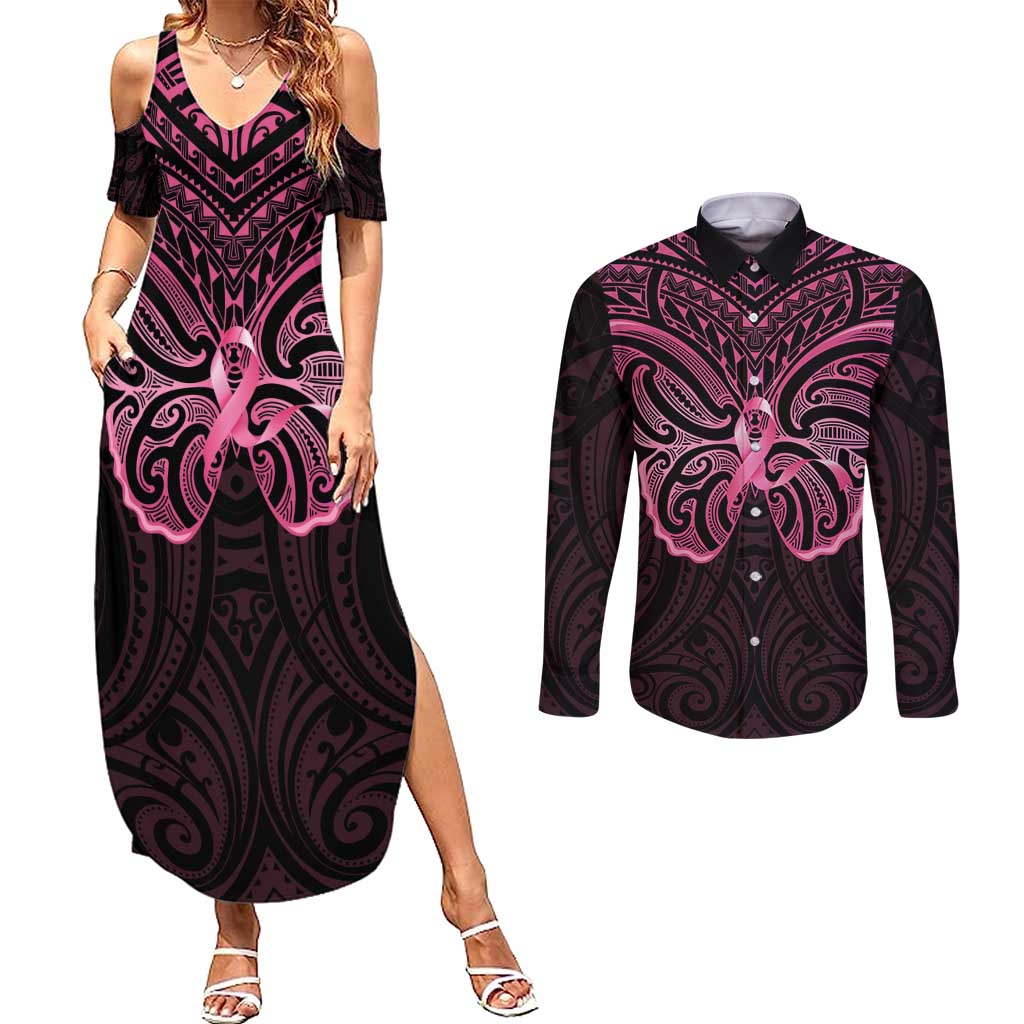 New Zealand Breast Cancer Awareness Couples Matching Summer Maxi Dress and Long Sleeve Button Shirt Maori Butterfly Pink Ribbon Black Version - Aussie Hoodie