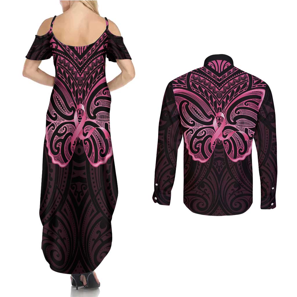 New Zealand Breast Cancer Awareness Couples Matching Summer Maxi Dress and Long Sleeve Button Shirt Maori Butterfly Pink Ribbon Black Version - Aussie Hoodie