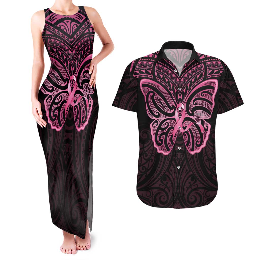 New Zealand Breast Cancer Awareness Couples Matching Tank Maxi Dress and Hawaiian Shirt Maori Butterfly Pink Ribbon Black Version - Aussie Hoodie