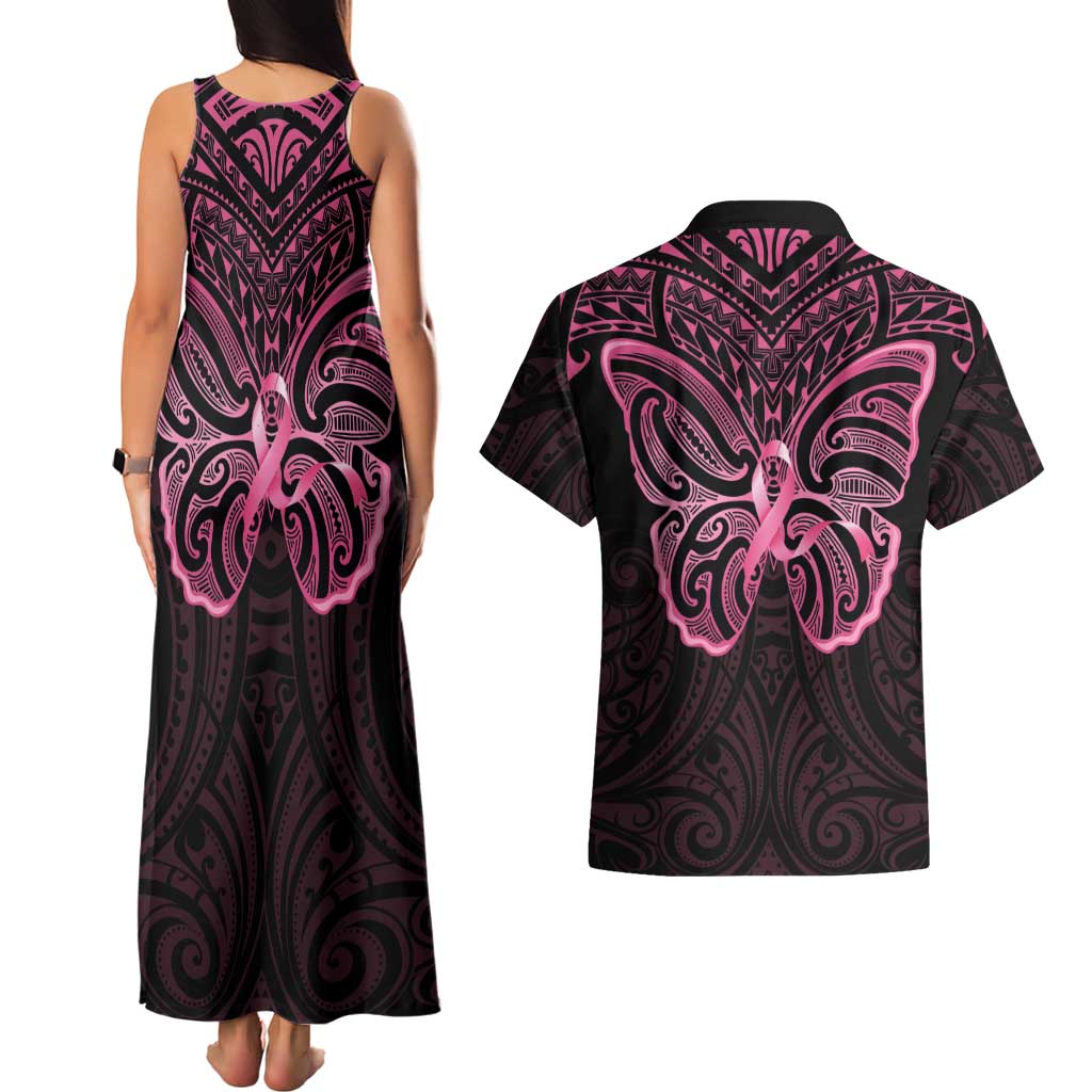 New Zealand Breast Cancer Awareness Couples Matching Tank Maxi Dress and Hawaiian Shirt Maori Butterfly Pink Ribbon Black Version - Aussie Hoodie
