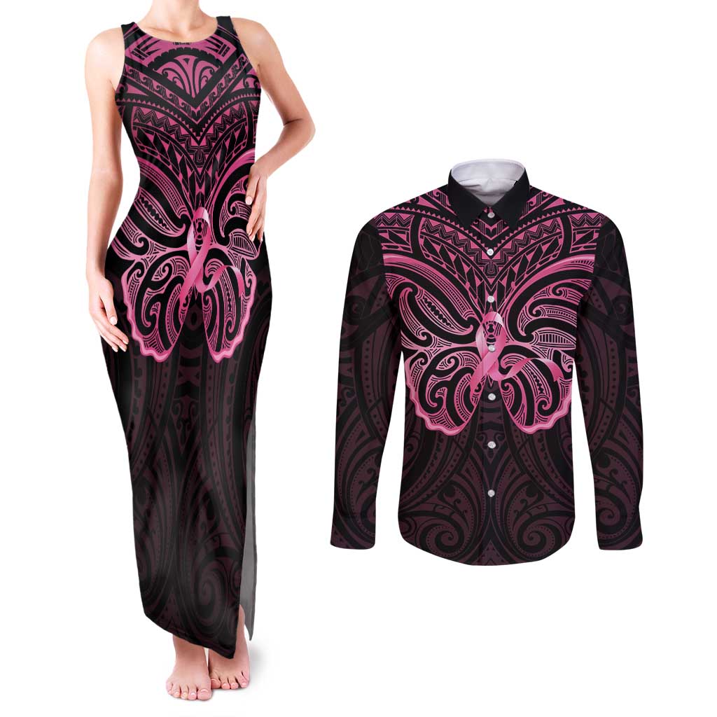 New Zealand Breast Cancer Awareness Couples Matching Tank Maxi Dress and Long Sleeve Button Shirt Maori Butterfly Pink Ribbon Black Version - Aussie Hoodie