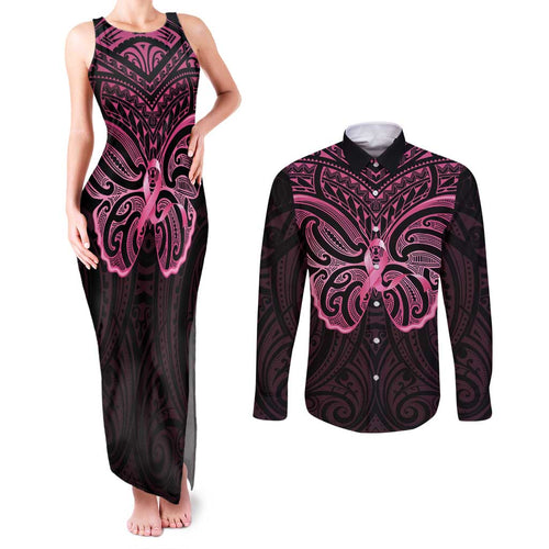 New Zealand Breast Cancer Awareness Couples Matching Tank Maxi Dress and Long Sleeve Button Shirt Maori Butterfly Pink Ribbon Black Version - Aussie Hoodie