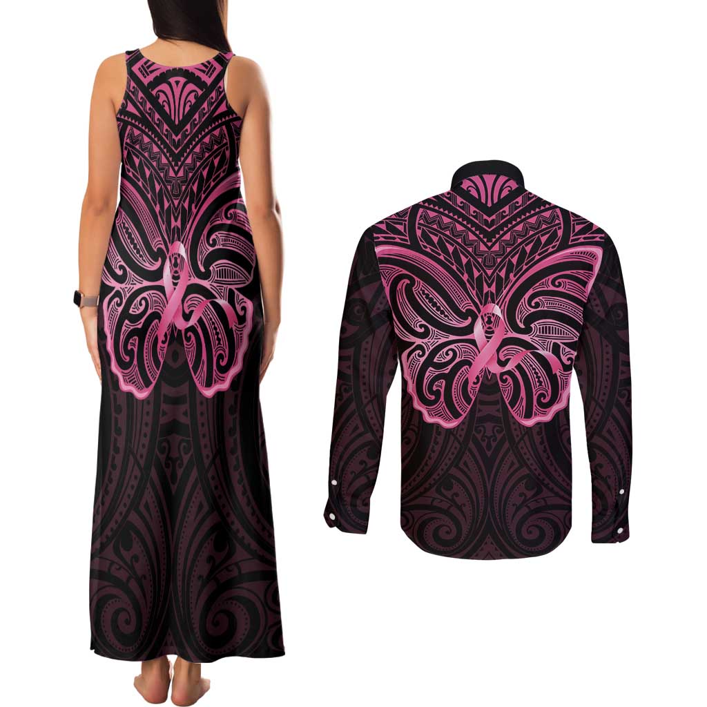 New Zealand Breast Cancer Awareness Couples Matching Tank Maxi Dress and Long Sleeve Button Shirt Maori Butterfly Pink Ribbon Black Version - Aussie Hoodie