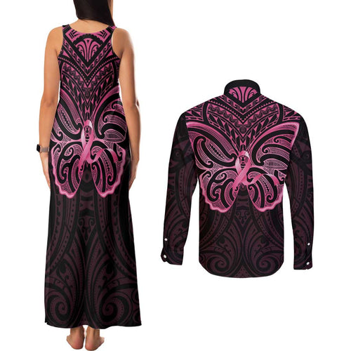 New Zealand Breast Cancer Awareness Couples Matching Tank Maxi Dress and Long Sleeve Button Shirt Maori Butterfly Pink Ribbon Black Version - Aussie Hoodie