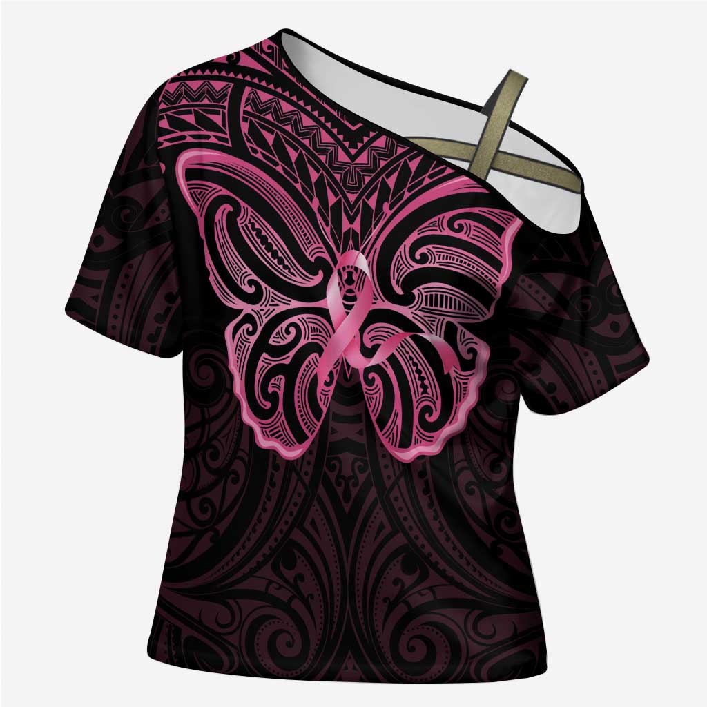 New Zealand Breast Cancer Awareness Cross Shoulder Shirt Maori Butterfly Pink Ribbon Black Version - Aussie Hoodie