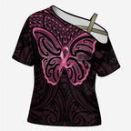 New Zealand Breast Cancer Awareness Cross Shoulder Shirt Maori Butterfly Pink Ribbon Black Version - Aussie Hoodie