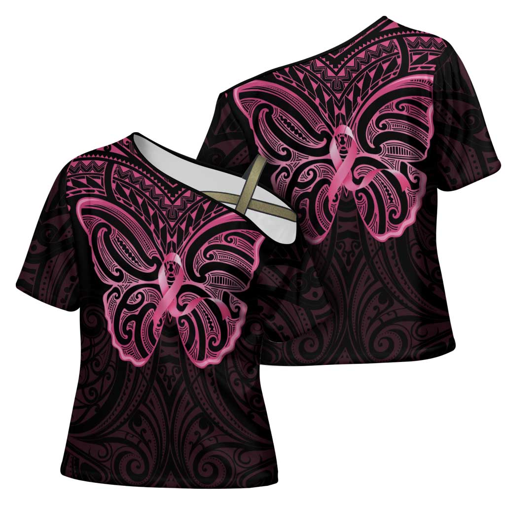 New Zealand Breast Cancer Awareness Cross Shoulder Shirt Maori Butterfly Pink Ribbon Black Version - Aussie Hoodie