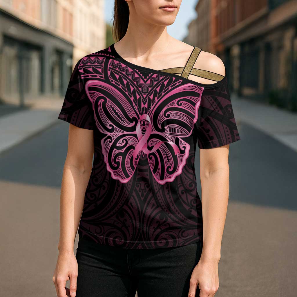 New Zealand Breast Cancer Awareness Cross Shoulder Shirt Maori Butterfly Pink Ribbon Black Version - Aussie Hoodie