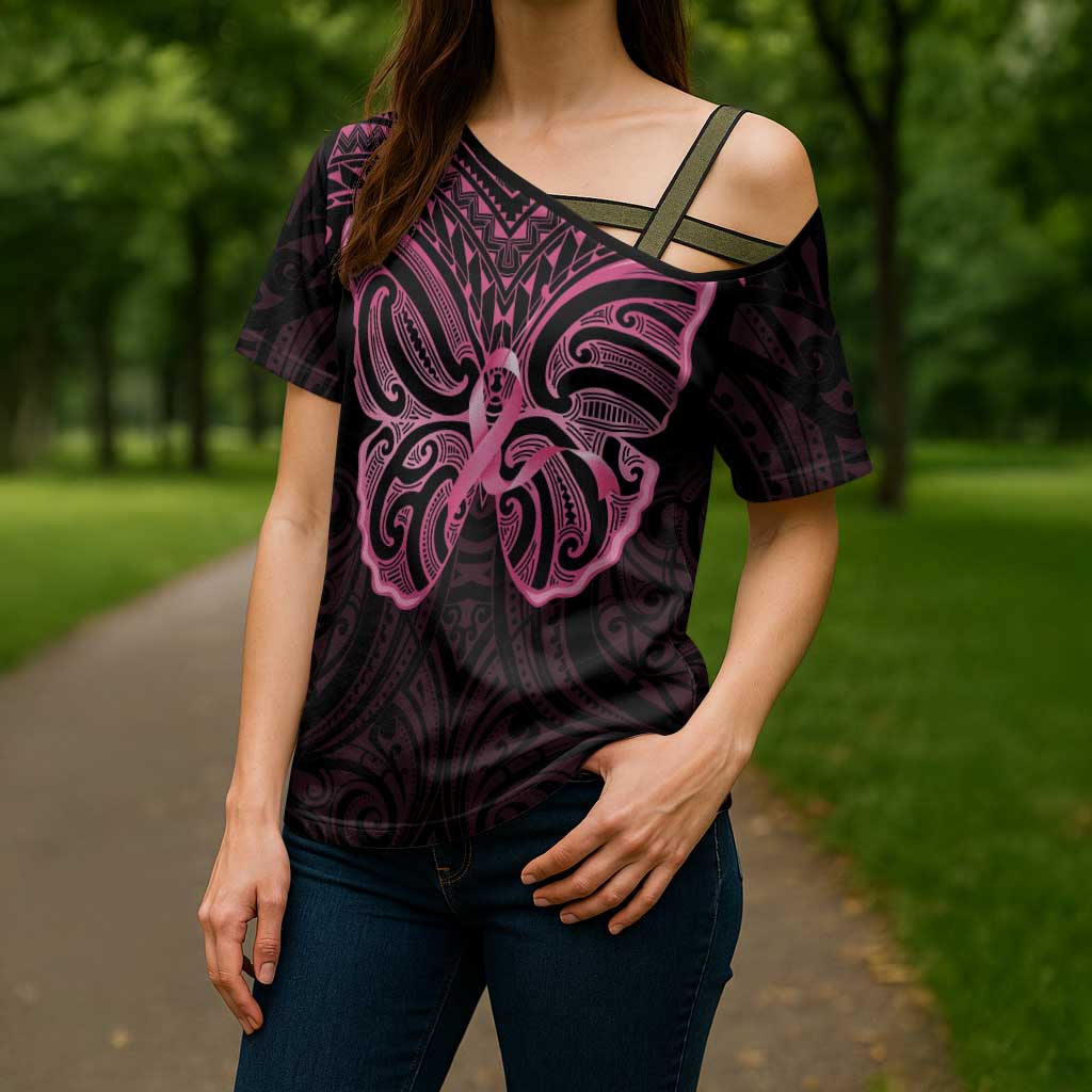 New Zealand Breast Cancer Awareness Cross Shoulder Shirt Maori Butterfly Pink Ribbon Black Version - Aussie Hoodie