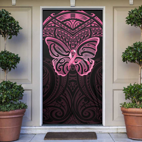 New Zealand Breast Cancer Awareness Door Cover Maori Butterfly Pink Ribbon Black Version - Aussie Hoodie