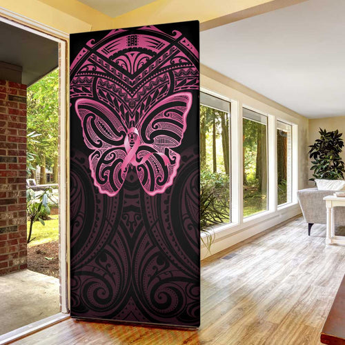 New Zealand Breast Cancer Awareness Door Cover Maori Butterfly Pink Ribbon Black Version - Aussie Hoodie
