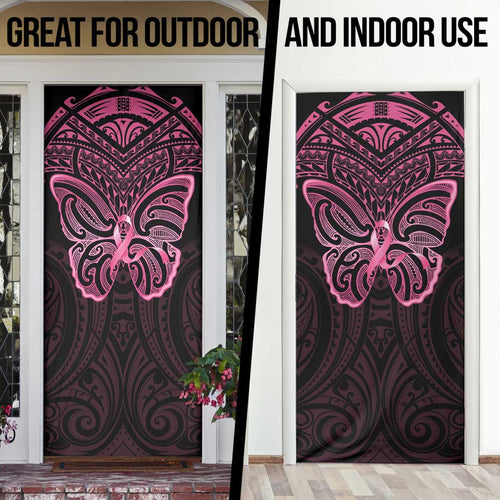 New Zealand Breast Cancer Awareness Door Cover Maori Butterfly Pink Ribbon Black Version - Aussie Hoodie